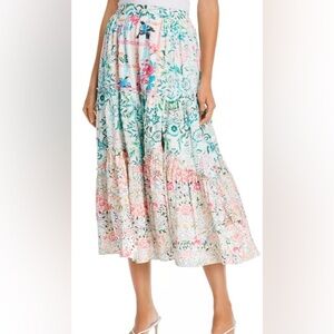 Hemant and Nandita Cotton High Waist Printed Midi Skirt Slit Tiered Colorful XS